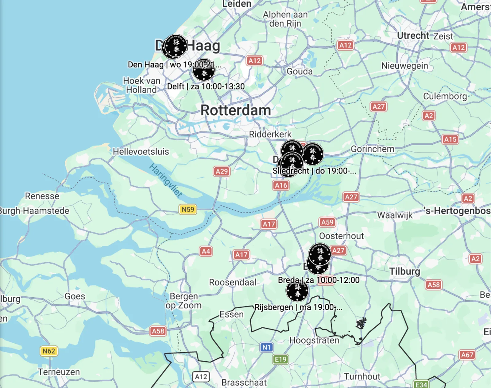 Kaartoverzicht van trainingslocaties van Wing Chun Bond Nederland